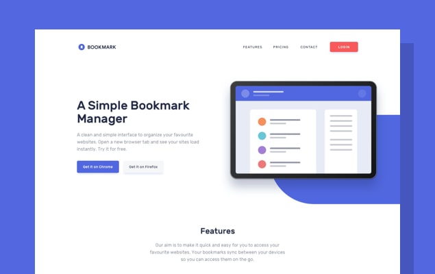 A bookmark manager website interface featuring a main call-to-action section with a tablet illustration and buttons to get the application on Chrome and Firefox.